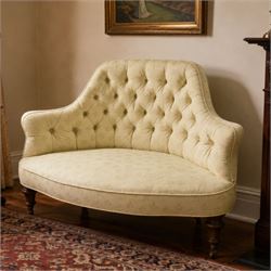 Victorian mahogany frame parlour settee, in back-buttoned ivory fabric