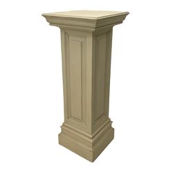 White painted pine pedestal plinth, the square moulded top over panelled rectangular body, stepped and moulded plinth base