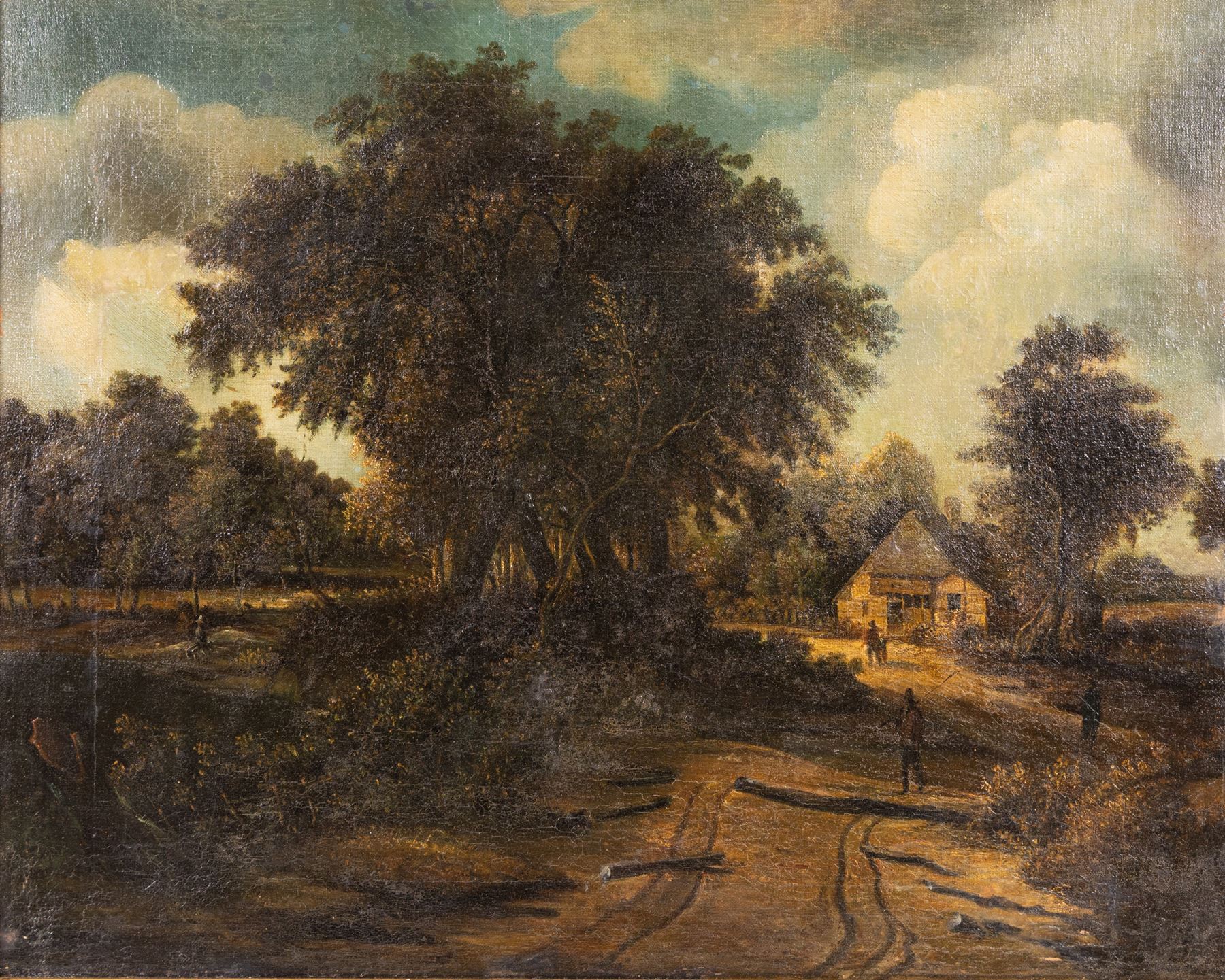 Manner of Meindert Hobbema (Dutch 1638-1709): Woodland Cottage, oil on canvas laid on board unsigned 44cm x 55cm 