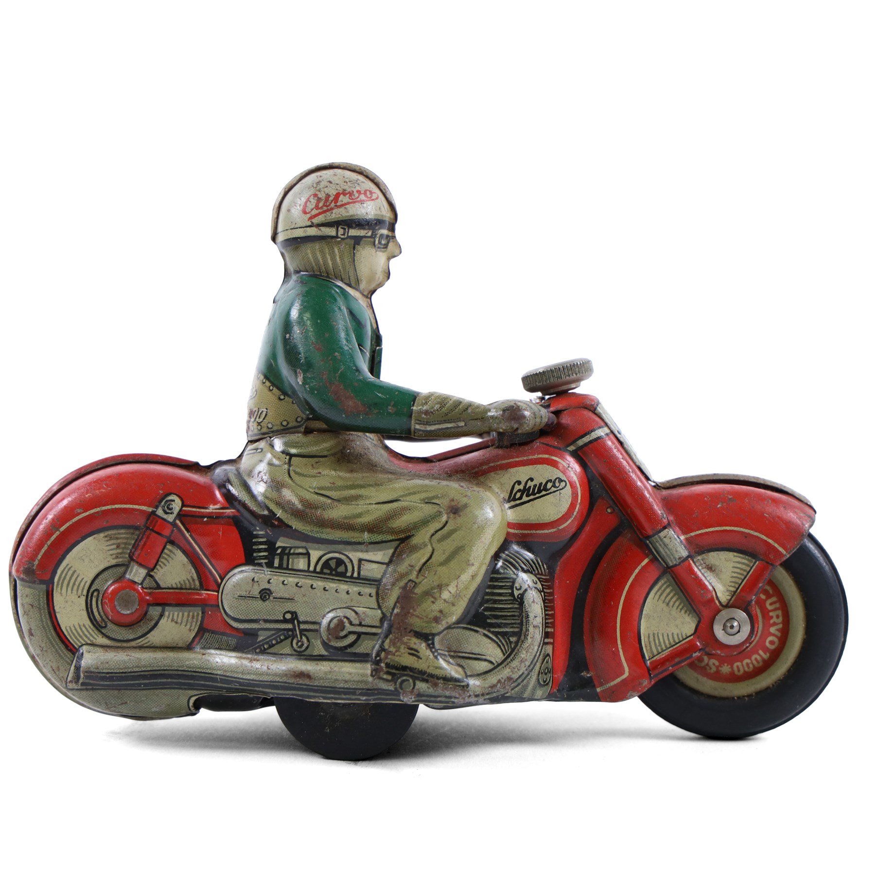 Schuco Curvo 1000 tinplate clockwork motorcycle, in red and cream, with rider in green jacket