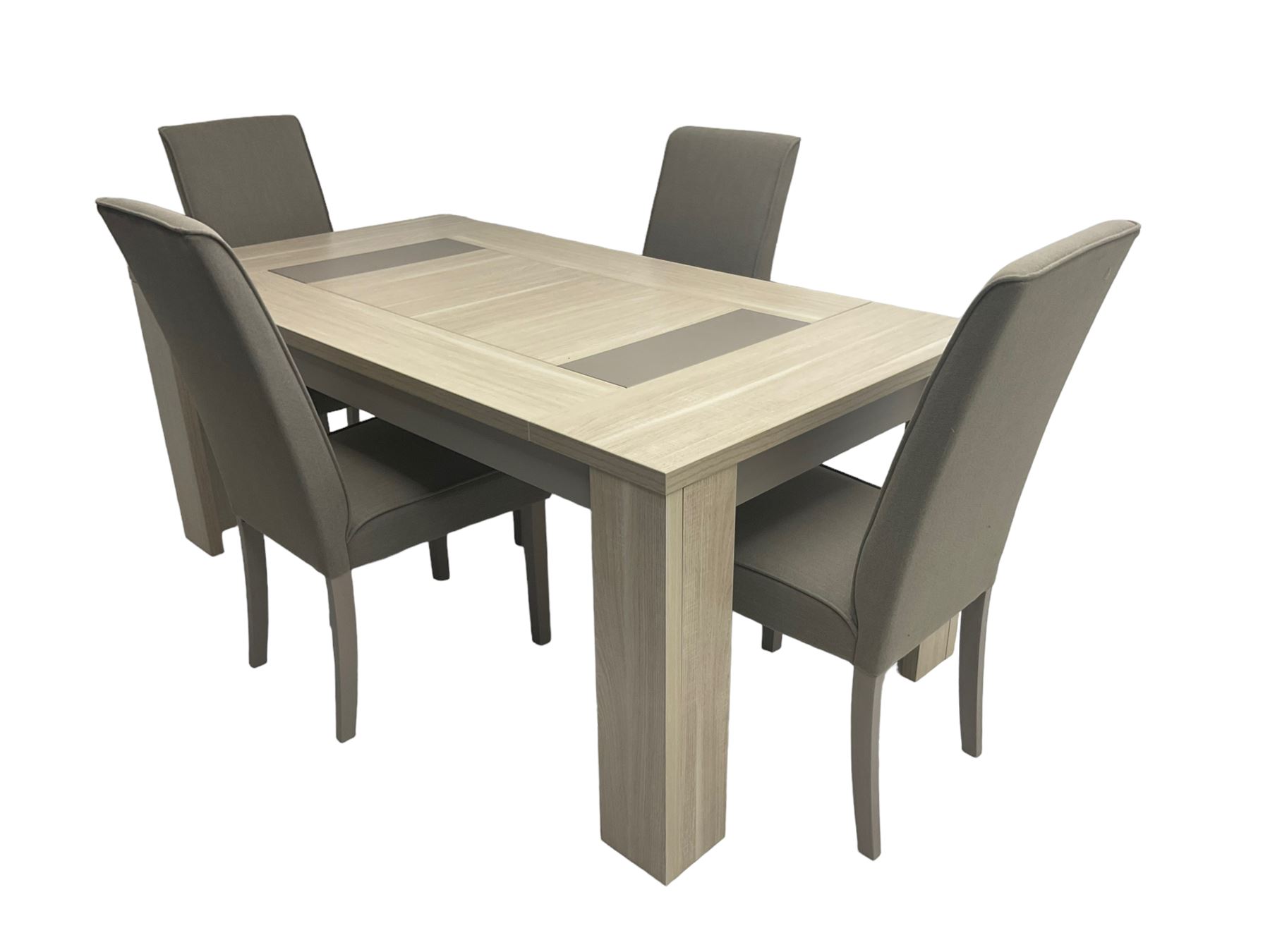 Wayfair Veasley - washed oak finish rectangular dining table, and set four high back dining chairs upholstered in grey fabric