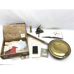 Stamp album containing various Queen Elizabeth II Coronation stamps, contained within a vintage case containing assorted paper ephemera, etc., together with a brass and copper bed warming pan, in one box 