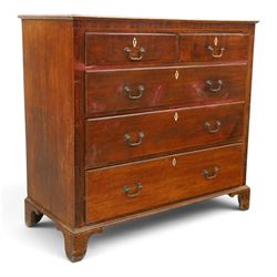 18th century oak chest, fitted with two short and three long graduating drawers, bone escutcheons and brass swan neck handles, bracket feet