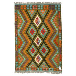 Chobi flatweave kilim with a repeating stepped diamond medallion design in live green, rus...