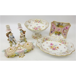  Berlin porcelain ink stand, scroll base, two removable inkwells & floral painted centre, L24.5cm, Dresden hand painted square dish, Helena Wolfsohn style, pair figural candlesticks, Schumann comport & oval bowl both florally decorated with reticulated borders  