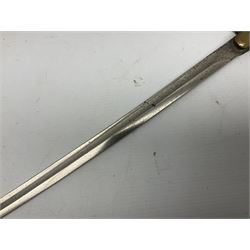 1900-1918 German Imperial NCO sabre with WW2 modifications of Wehrmacht insignia to the langet, 79cm slightly curving fullered blade and brass hilt, the knucklebow chased with oak leaves and acorns L90.5cm overall
This item has been registered for sale under Section 10 of the APHA Ivory Act 