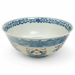 19th century Chinese  Doucai porcelain bowl decorated in blue, orange etc, the interior with a double scroll panel, six character Tongshi reign mark D15cm
