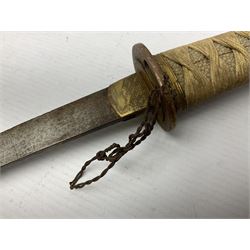 Japanese tanto dagger with 25cm single edged blade, gilded plain punched tsuba, cord bound ray skin grip incorporating menuki and ornate gilded metal mounts L39cm overall