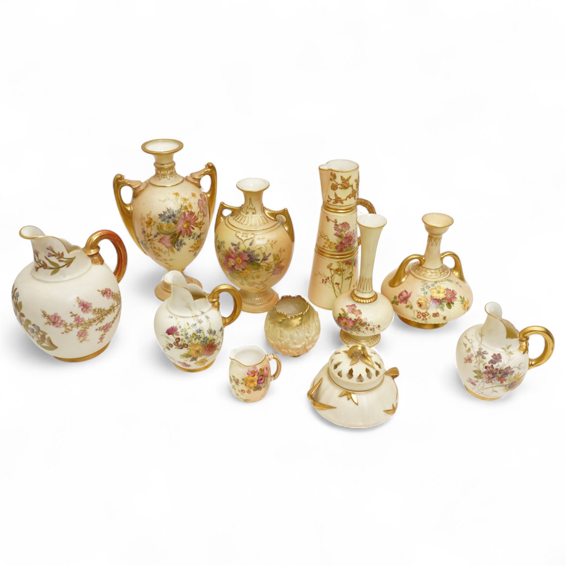 Collection of Royal Worcester blush ivory porcelain, to include three twin handled bulbous vases of graduating sizes, covered and pierced potpourri box, etc, tallest H24cm (11)