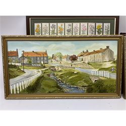 Will's Cigarette cards - Wild Flowers Second Series (framed) together with J Wrigley (British 20th century): 'Great Ayton', pair oils on board signed and two other prints max 38cm x 44cm (5)