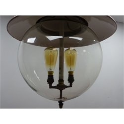  Pink enamel industrial pendant light fitting, two branch with clear glass globular shade, H66cm approx (re-wired)  