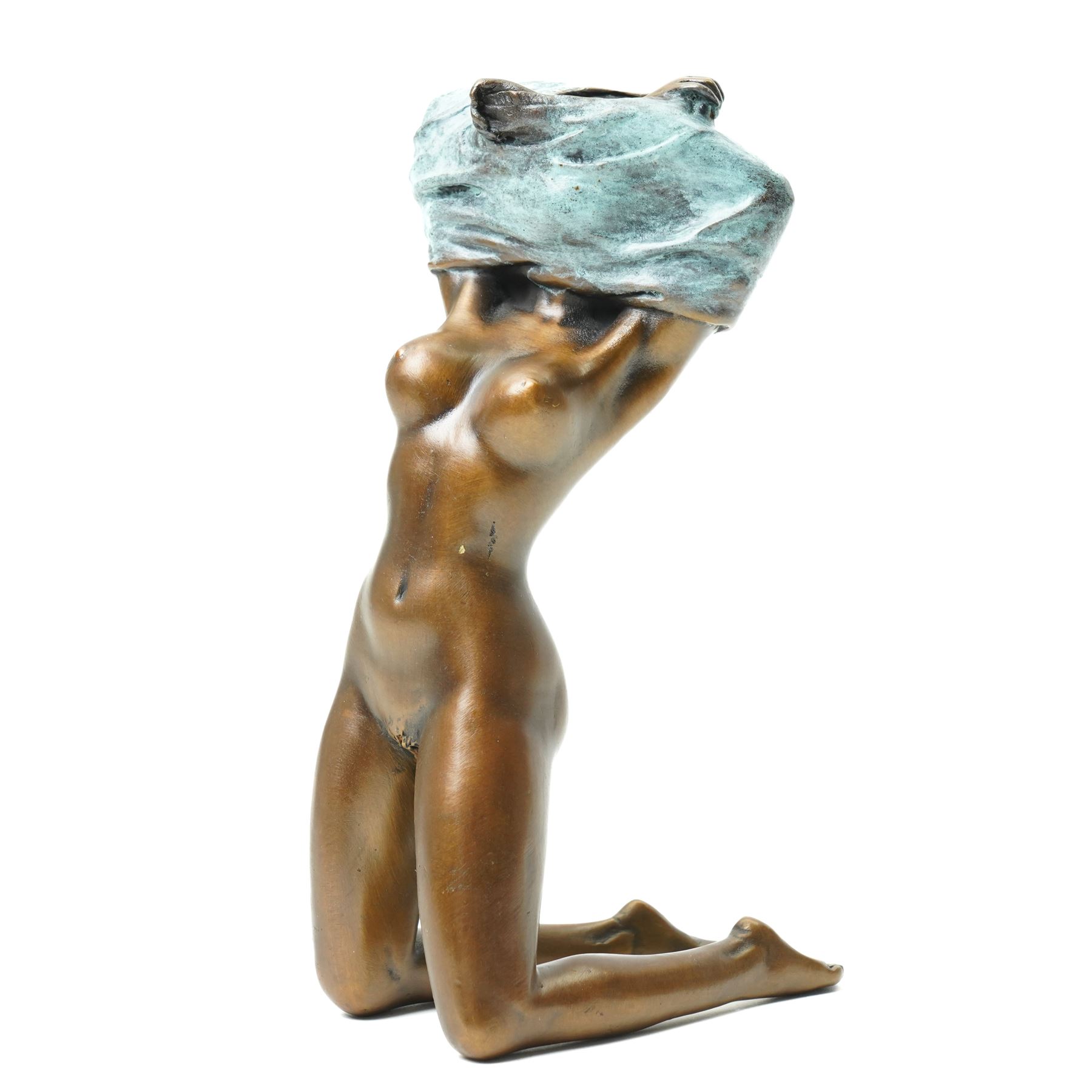 After Milo - bronze figure of a kneeling nude figure removing her shirt, bearing signature H17cm