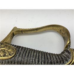 19th century Artillery officer's sword/sabre, with 80cm plain curving fullered steel blade, gilt bronze hilt with crossed cannons to the langets, beaded knuclebow and wire-bound grip L93cm overall