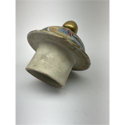 A 19th century Chinese Canton Famille Rose vase, of globular form with tall neck, and cover with finial, decorated with alternating panels of figural scenes, and birds and butterflies amongst blossoming and fruiting trees, with foliate surround against gilt, overall H57cm. 