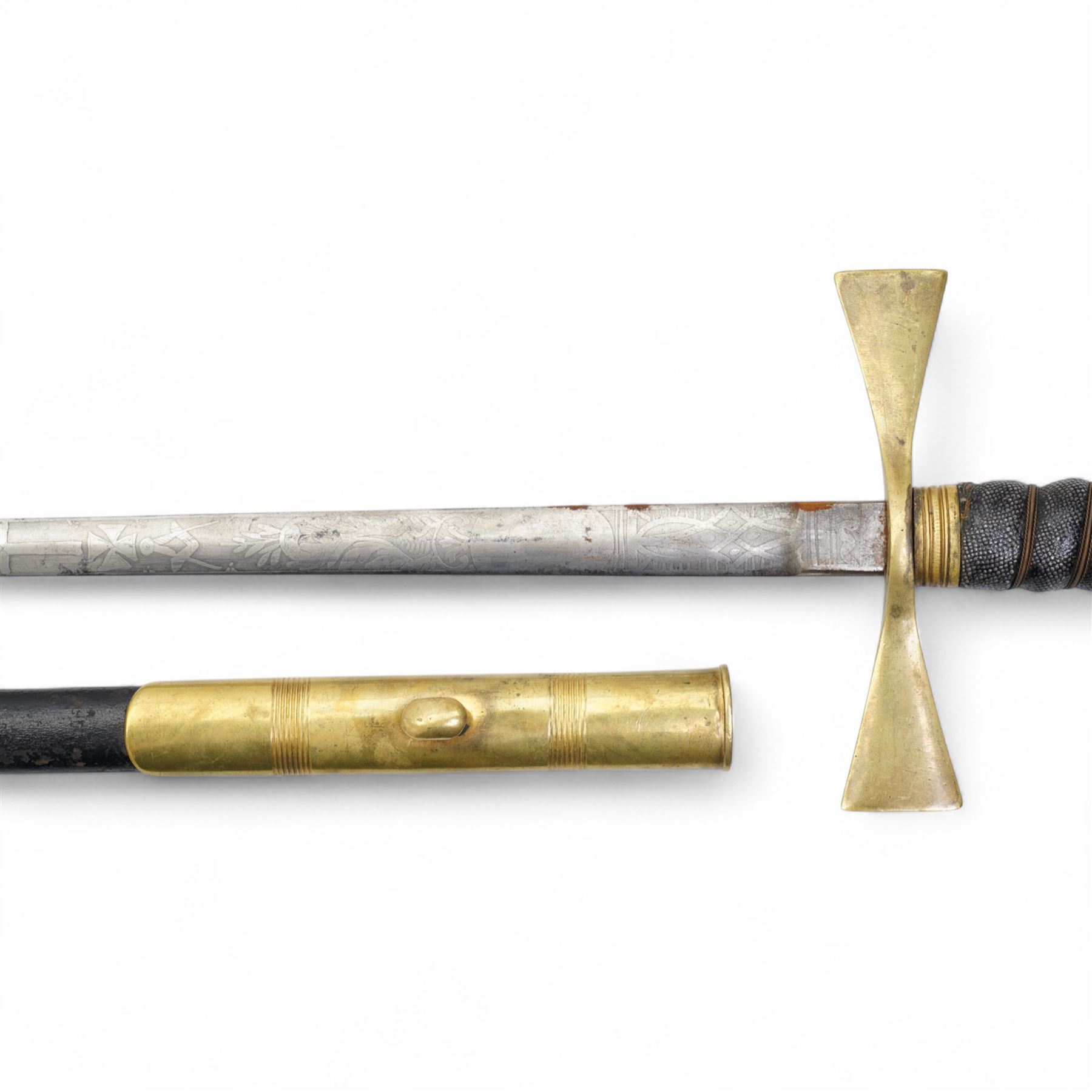 Masonic ceremonial sword with engraved blade, wire wound grip and scabbard and another similar (2)