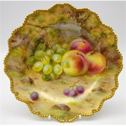  1919 Royal Worcester shaped cabinet plate, painted with fruit by Frank Roberts, D22cm   