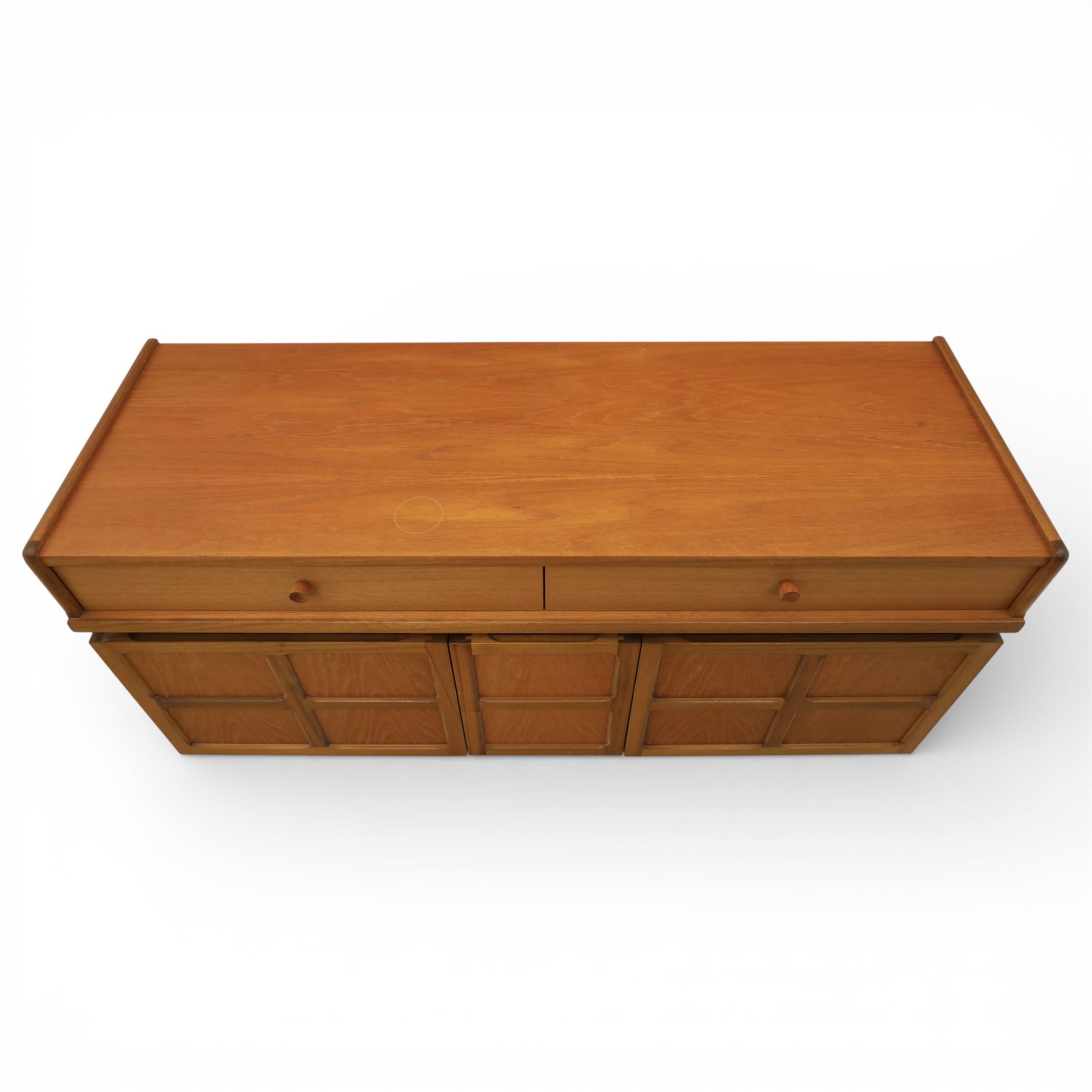 Nathan - 'Squares' low media sideboard, rectangular top over two drawers, above signature square panelled cabinet doors revealing storage for records, on a recessed base