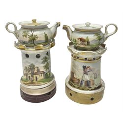 Two 19th century continental teapots and warmers, each teapot upon a cylindrical warming base, hand printed with landscapes and seascapes, largest H22cm