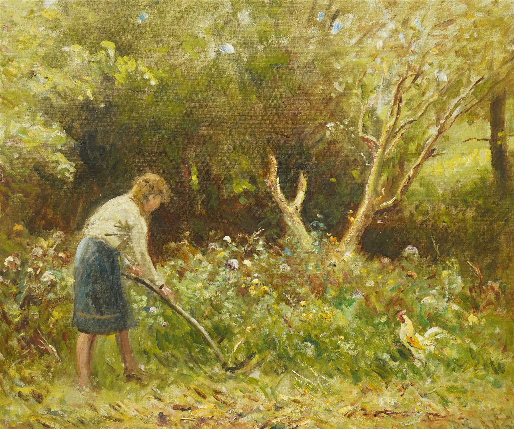 Ernest Higgins Rigg (Staithes Group 1868-1947): 'The Cottage Garden', oil on canvas unsigned 62cm x 75cm 
Provenance: from the family of the artist 
Notes: the painting depicts the artist's wife at work in their garden in Devon.