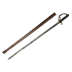 Victorian artillery officer's sword, the 90cm fullered steel blade by E. Thurkle Denmark Street Soho London decorated with Victoria cypher, Regimental crest and 'Royal Artillery', three-bar hilt with stepped pommel and wire-bound fish skin grip; in leather covered scabbard L107cm overall