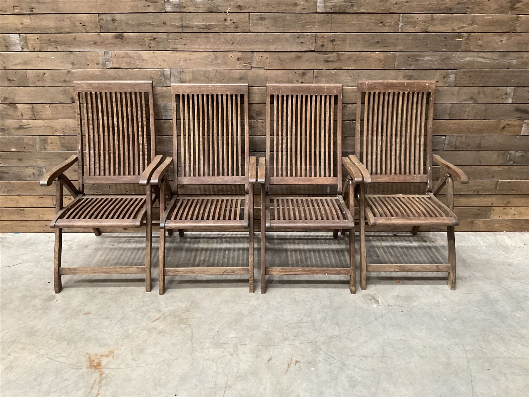 Garden teak table with set four high back reclining chairs
