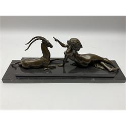 Art Deco style bronze figure modelled as a female figure and a gazelle, after 'Kelety', raised upon a stepped rectangular base, L48cm
