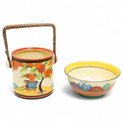 Clarice Cliff Bizarre 'Gayday' pattern bowl, D18cm; and 'Applique' pattern biscuit barrel,...