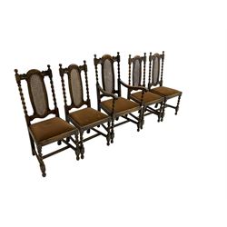 Set five early 20th oak barley twist dining chairs, spiral turned supports with oval cane-work backs, drop-in upholstered seats, on spiral turned supports joined by plain stretchers 