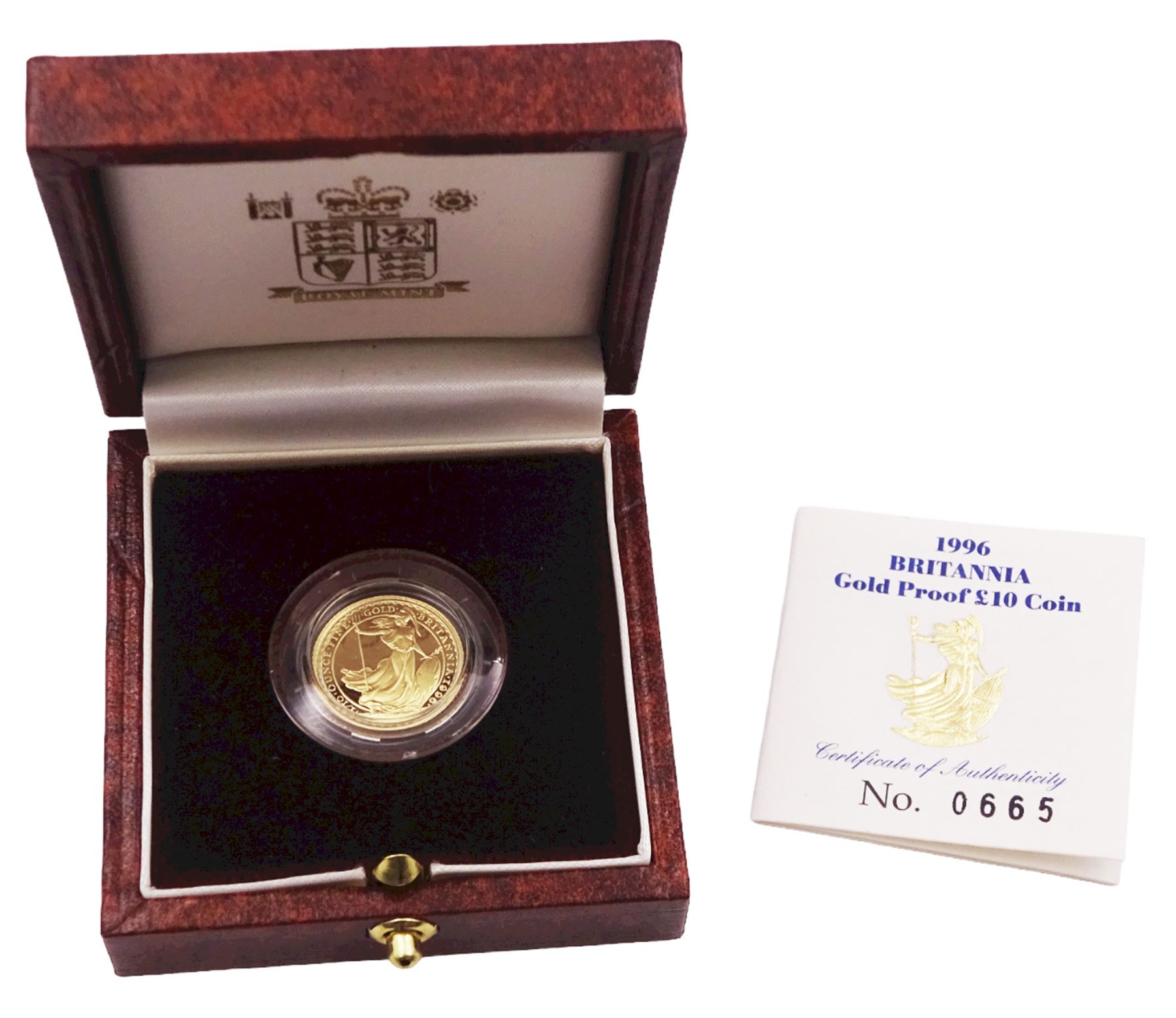 Queen Elizabeth II 1996 gold proof 1/10 ounce Britannia coin, cased with certificate