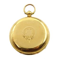 Victorian 18ct gold lever fusee pocket watch, No. 92828, engraved balance cock with flower decoration and diamond endstone, white enamel dial with Roman numerals and subsidiary seconds dial, the inner case inscribed 'William Brackenbury Darlington', Birmingham 1883