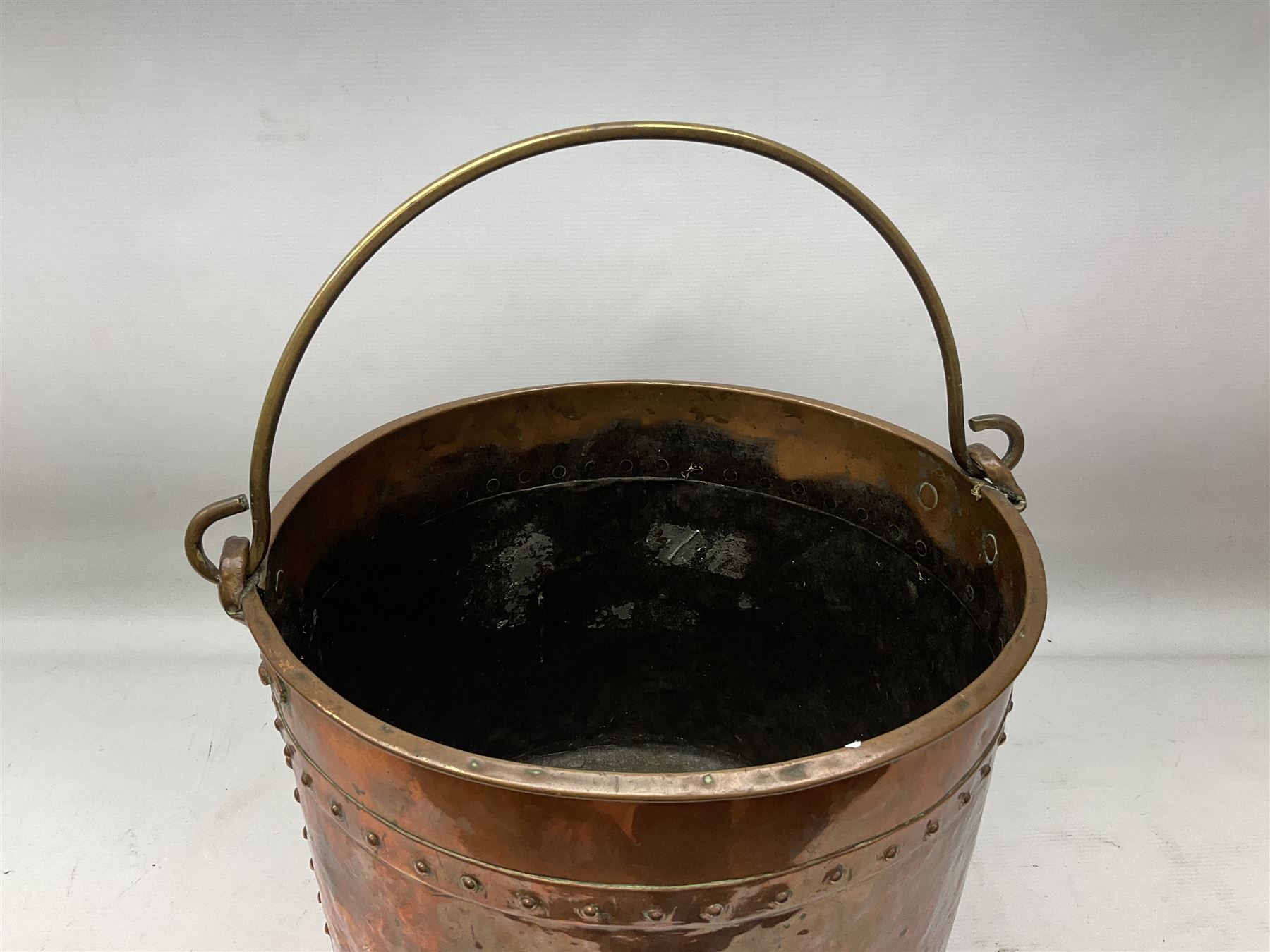 Large twin handled copper coal scuttle and cover and copper and brass riveted bucket with handle, bucket D36cm