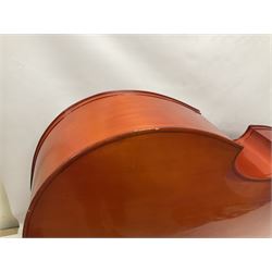 Contemporary 3/4 Double Bass, Body height bottom to shoulder 110cm, With steel tuning pins and ebonised fingerboard, no strings, bridge, tail piece, or endpin Although called a 3/4 size bass, this size is recognised as a regular sized Double Bass 
