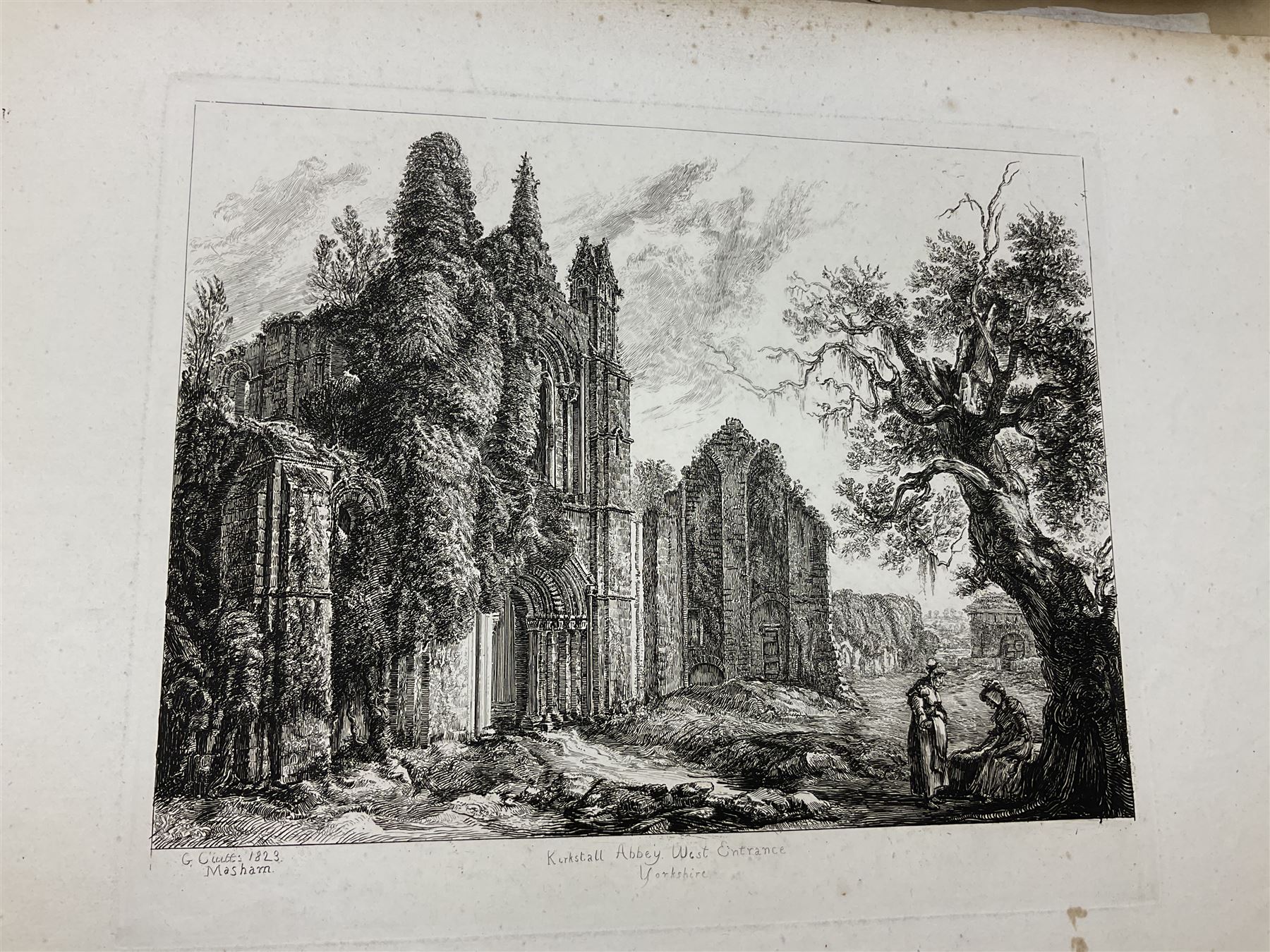 George Cuitt Jnr (British 1779-1854): 'Select parts of Kirkstall Abbey', complete set six etchings signed titled and dated 1823 in the plate, oblong folio; J Metcalf and J Carmichael (British 18th/19th century): 'Fountains Abbey Intended To Illustrate The Architecture And Pictureseque Scenery Of That Celebrated Ruin', seven etchings (one missing) pub. 1832 with Historical and Architectural Description by T Sopwith, oblong folio; Augostino Aglio (Italian 1777-1857): 'Sketches of the Interior & Temporary Decorations in Woolley-Hall Yorkshire', complete set 22 lithographs dated 1821, pub. by the artist, oblong folio max 54cm x 37cm (3)