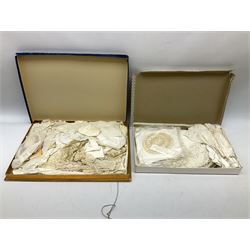 Large quantity of table linen and Victorian and later lace, framed machine tapestry depicting Greece, embroidered wall hanging decorated with a woodland scene with deer and blossoming tree, embroidered linen decorated with floral design, crochet, etc