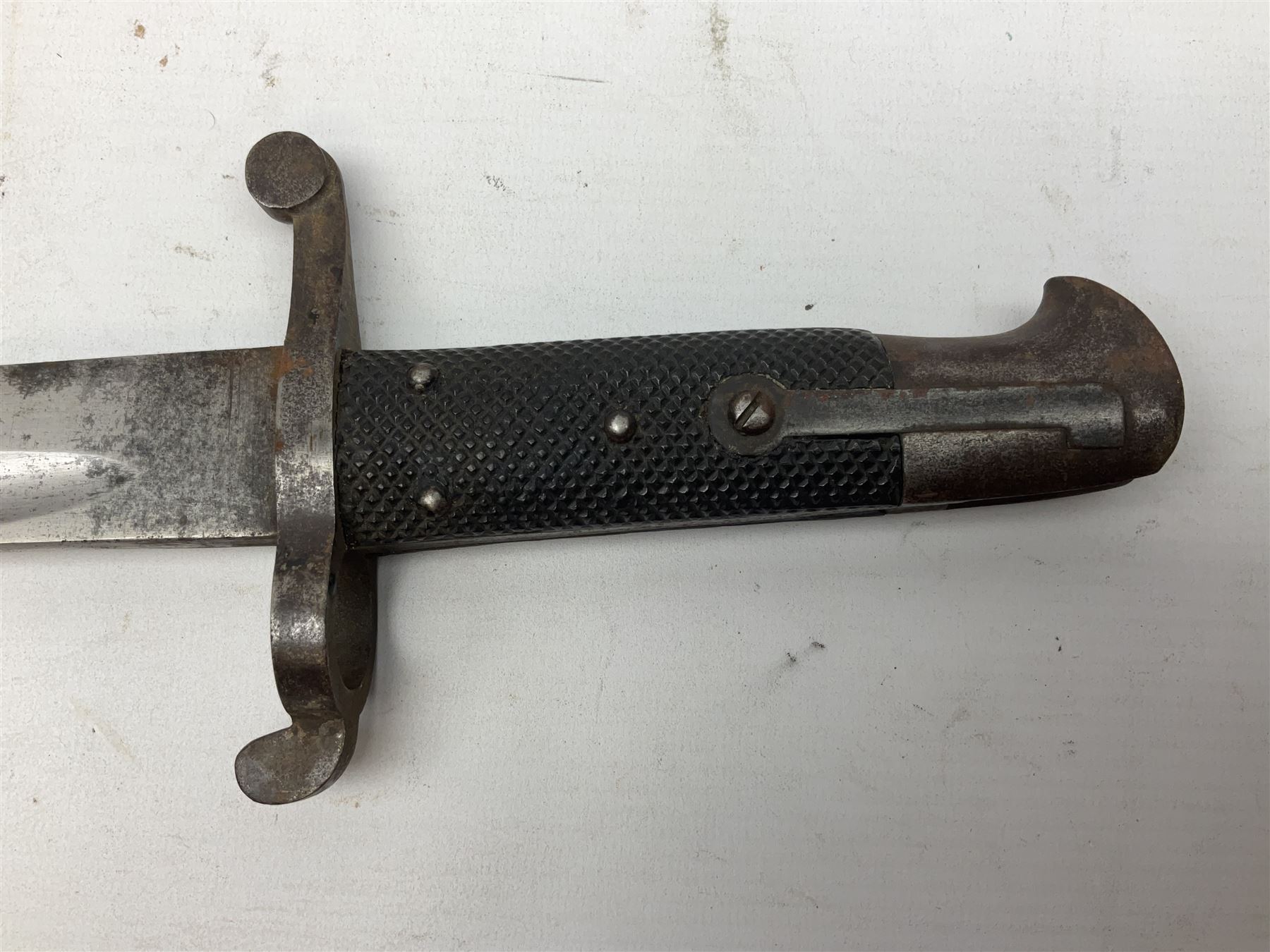 19th century Bayonet with 58cm fullered Yataghan shaped blade, stamped with anchor mark, with leather scabbard