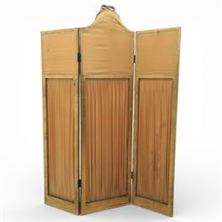 Late 19th century French Louis XIV style giltwood three fold dressing screen, each panel upholstered in floral fabric within fluted borders, with mirrored panels to tops set within moulded frames with foliate and ribbon swags 
