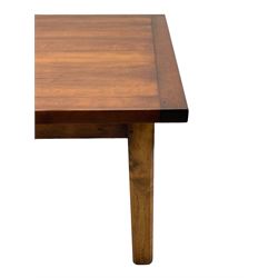 Contemporary French farmhouse design cherry wood dining table, rectangular bordered top on square chamfered supports 