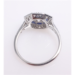  Art Deco style diamond and sapphire white gold ring, stamped 18k  