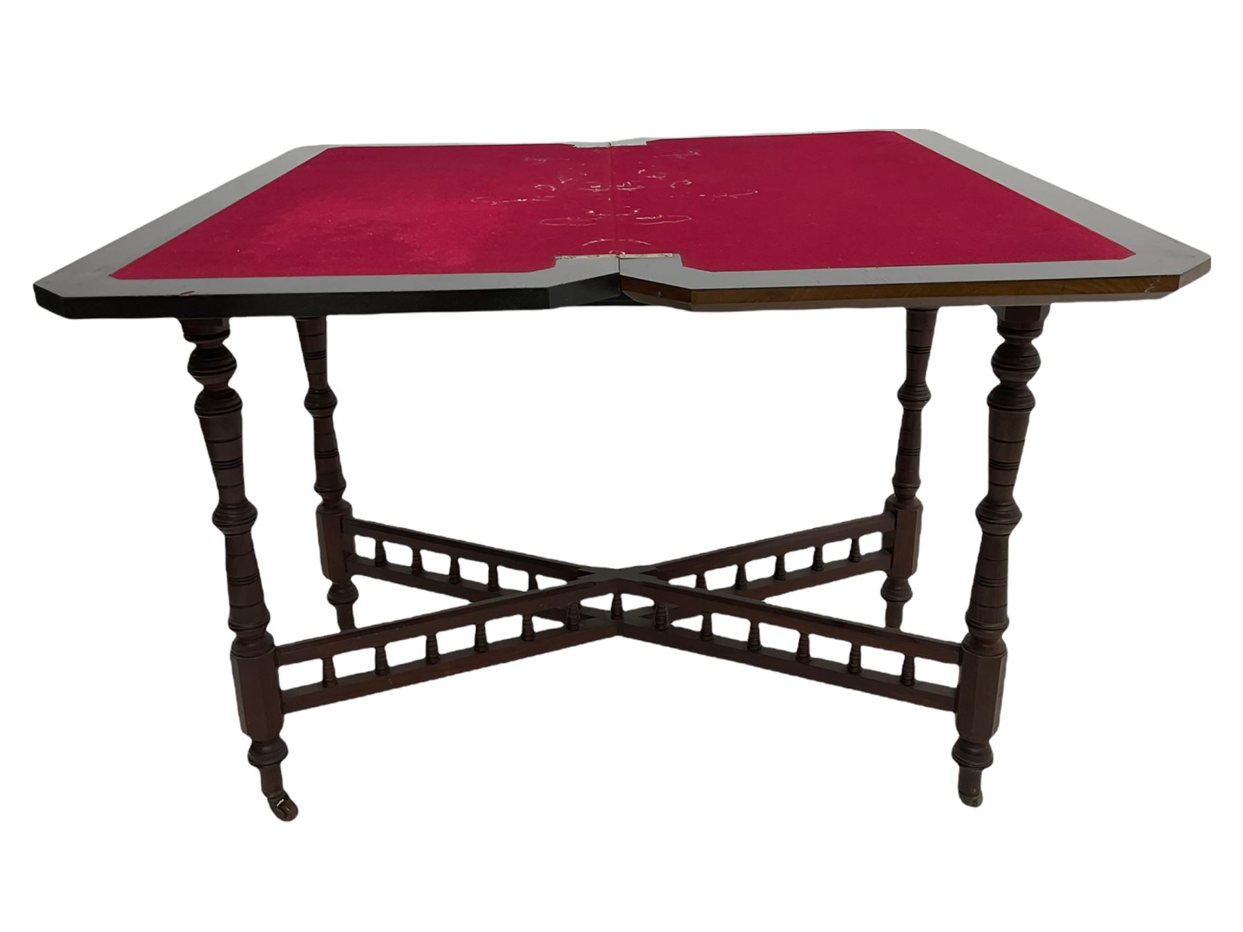 Late Victorian figured walnut and amboyna card-table, rectangular fold over top with baize lining, on turned supports joined by x framed balustrade stretchers
