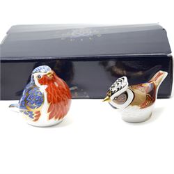 Six Royal Crown Derby paperweights, comprising Robin (unboxed), Robin nesting with gold stopper, Goldfinch nesting with gold stopper, Linnet with gold stopper, Tawny Owl with gold stopper and Crested Tit with gold stopper (6)