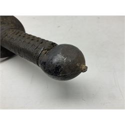 Chinese Boxer Rebellion Period Sword, 69.5cm heavy curved single edge blade with single narrow fuller, plain iron dished circular guard, iron pommel and ferrule with plaited cord bound grip; in skin covered wooden scabbard with iron chape and long suspension mount L95cm overall