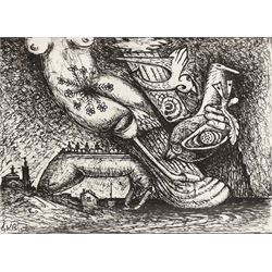 Graham Kingsley Brown (British 1932-2011): 'Night Fe[ars]', pen and ink signed with initials and dated '95, titled on partial label verso 13cm x 17cm 
Provenance: consigned by the artist's daughter - never previously been on the market.