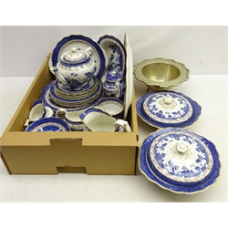  Royal Doulton 'Real Old Willow' pattern dinner service for six persons with a teapot, Ringtons teapot and a silver-plated bowl in one box  