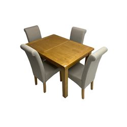 Light oak extending dining table, rectangular top on square supports (W120cm D85cm H80cm); and set four dining chairs, back and seat upholstered in cream fabric (W46cm H101cm)