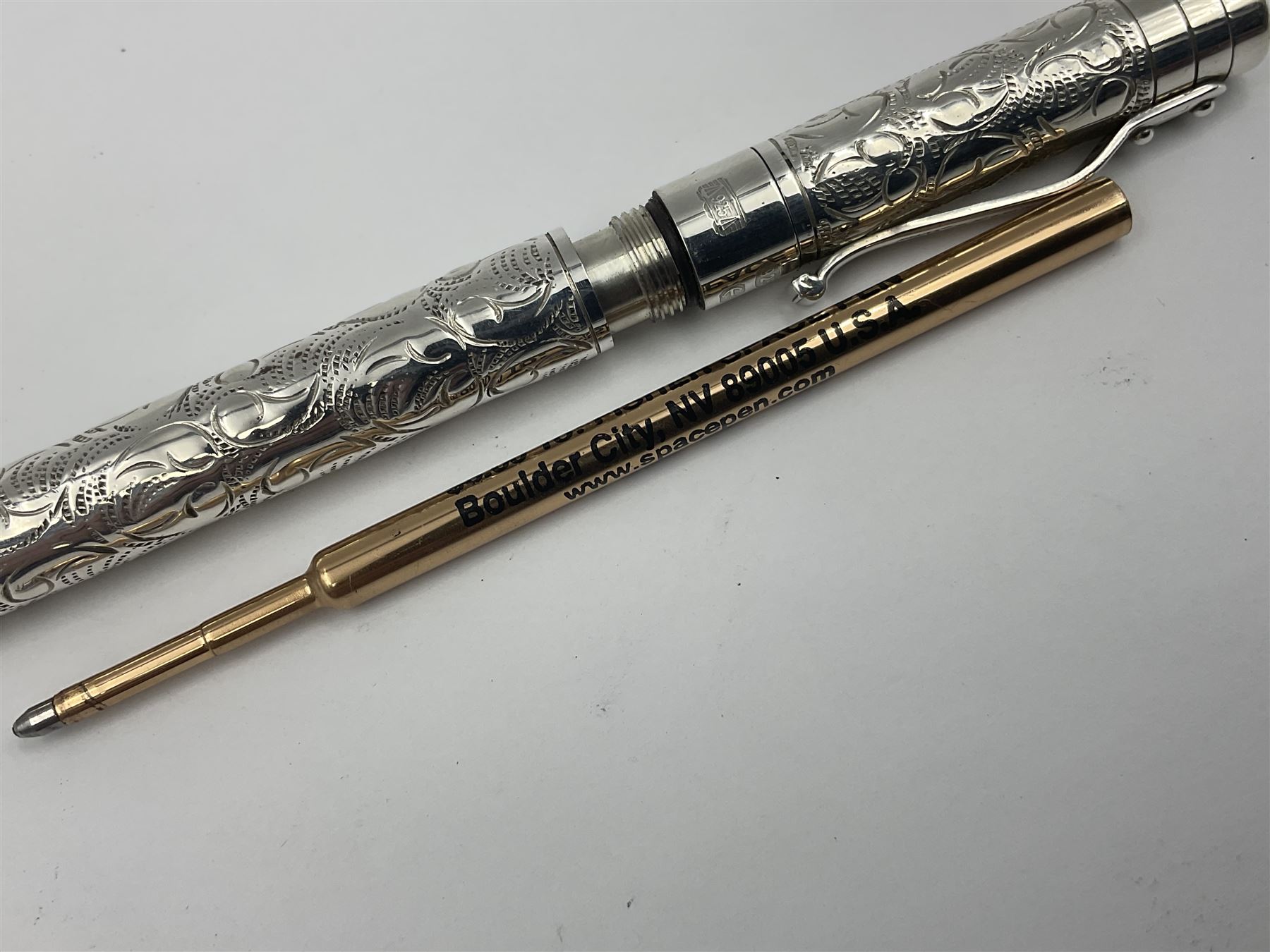 Silver Yard-o-Led Viceroy ballpoint pen, the foliate engraved barrel and cap hallmarked Birmingham 2004 and stamped 925, L11cm