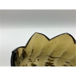 Pair of 19th century glass vases in the style of Auguste Jean, of bulbous form with lobed rim and applied blue glass zoomorphic handles, painted with enamel flowers, dragonflies and swans, upon four blue glass feet, H26cm