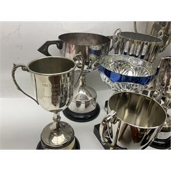 Collection of silver plated and metal trophy cups and winners plaques, all relating to the Burniston and District Show, most engraved with competitions and winner's names, in three boxes 