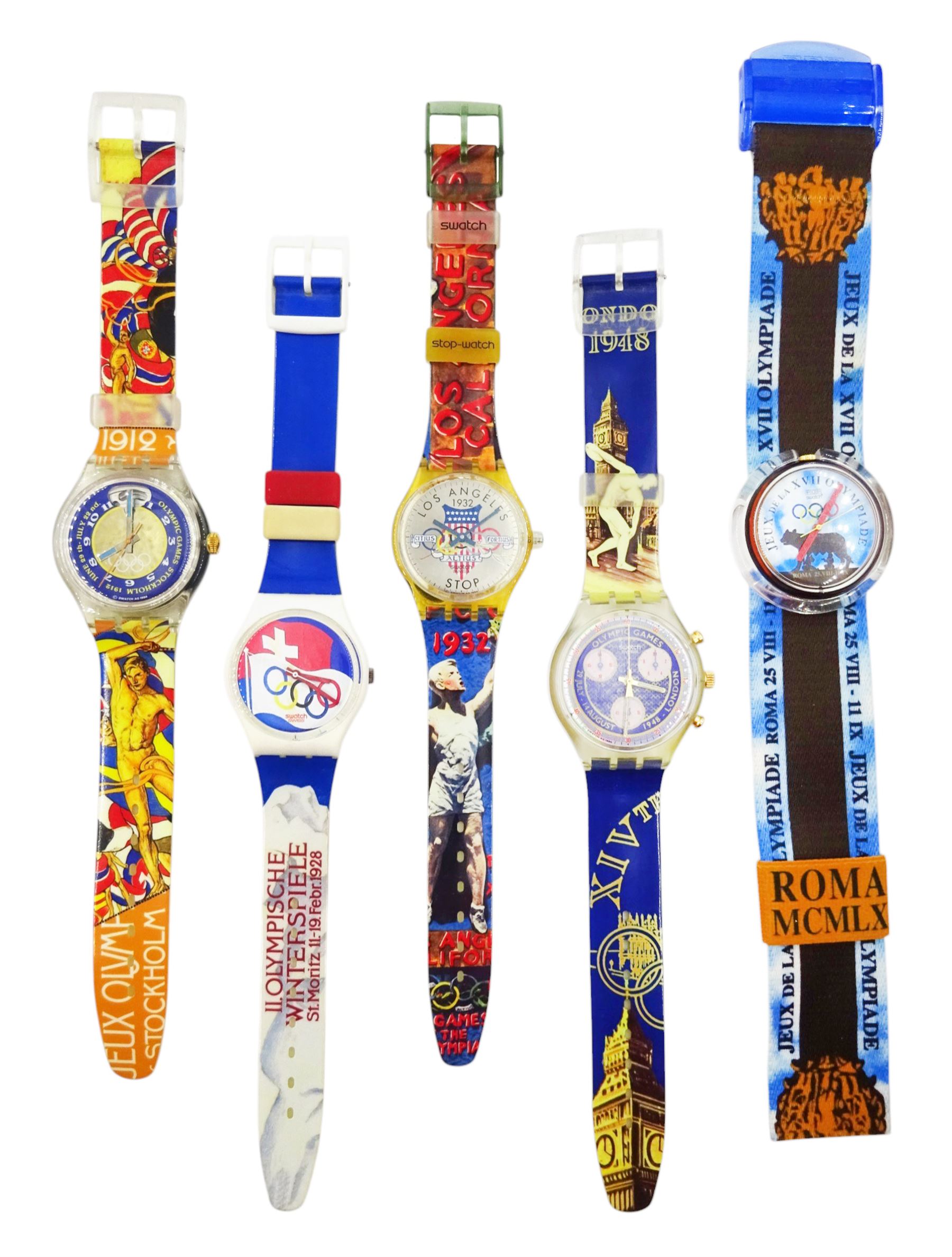 Swatch Historical Olympic Games Watch Collection, eight quartz wristwatches and one automatic, made for the Atlanta 1996 Olympic games