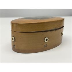 Six sewing related Mauchline ware comprising an oval reel box with internal label for Clark & Co's, tape measure, pin case and three thimble holders of ovoid form 