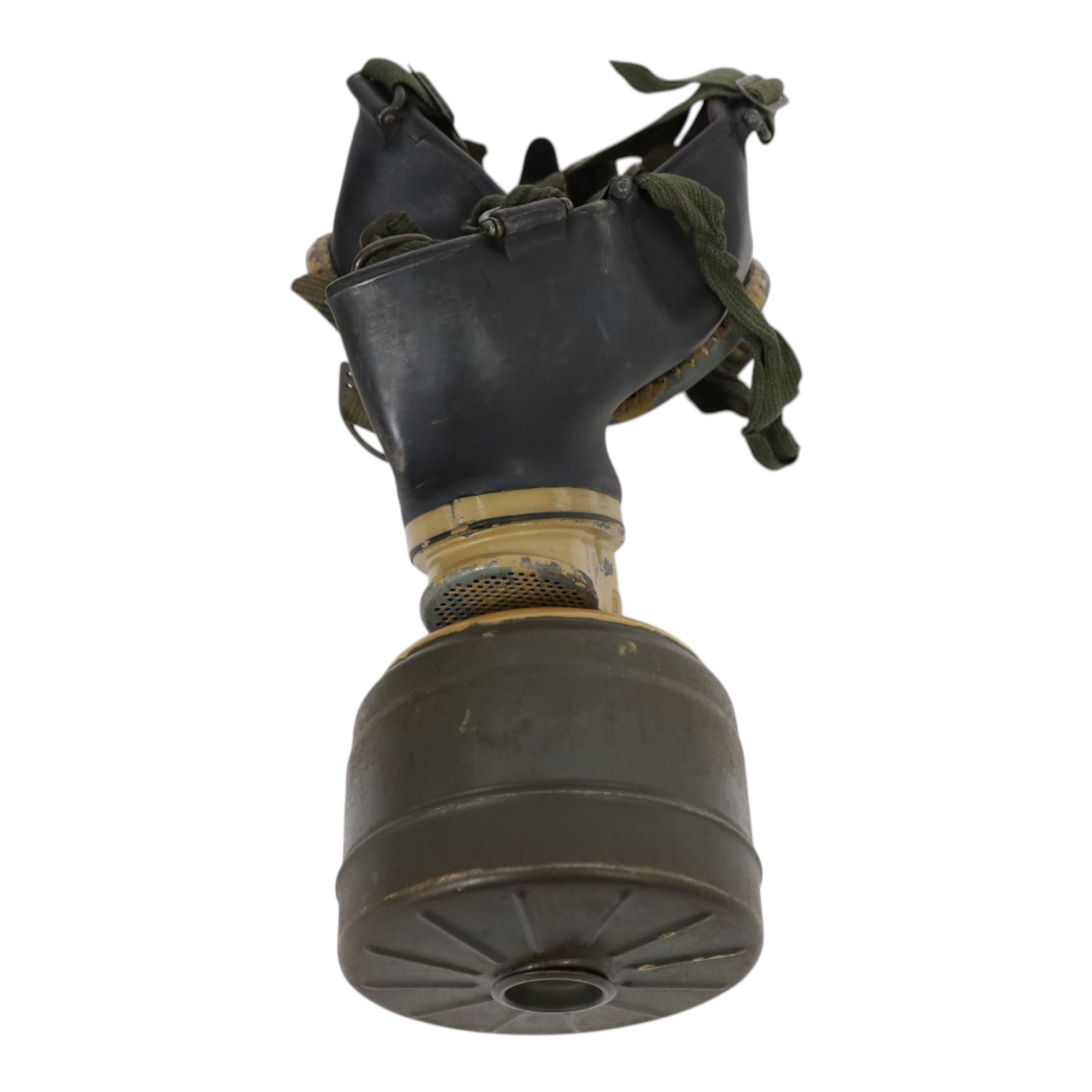 WWII German armed forces gas mask, housed in the original issue tin, tin H27cm